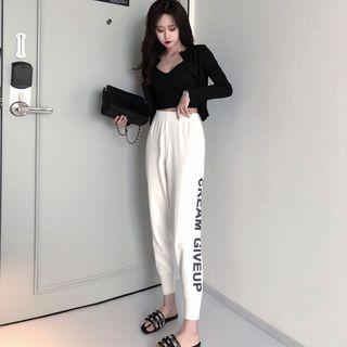 Set: Crop Top + Printed Light Cardigan / Lettering Harem Pants