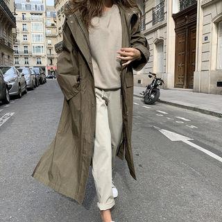 Zip-pocket Hooded Long Parka Khaki - One Size