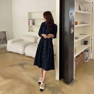 Stitch-trim Shirtdress With Sash Navy Blue - One Size