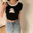 Short-sleeve Lace Trim Bear Print Cropped Top