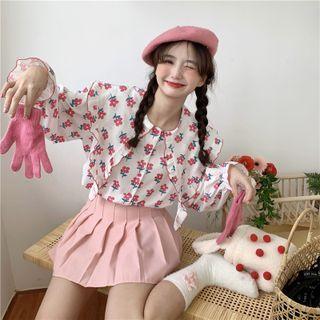 Collared Floral Print Blouse / Pleated Mini A-line Skirt
