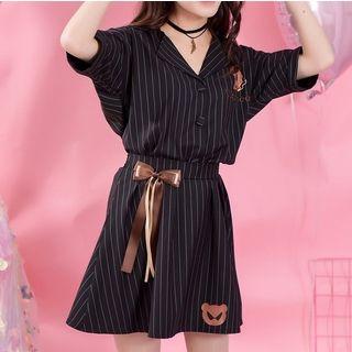 Elbow-sleeve Pinstripe V-neck Top