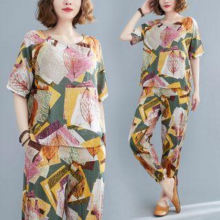 Set: Elbow-sleeve Print Top + Straight-leg Pants