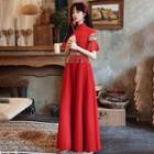 Short-sleeve Embroidery Fringed Qipao Evening Gown