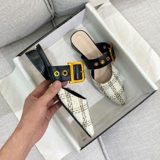 Buckled Pointed Tweed Low-heel Mules