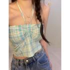Halter-neck Plaid Drawstring Top Green - One Size