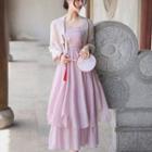 3/4-sleeve Embroidered Light Jacket / Spaghetti Strap Midi A-line Dress / Set