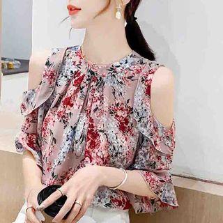 3/4-sleeve Cold Shoulder Floral Chiffon Top