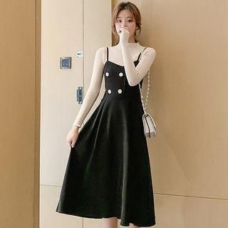 Double-breasted Spaghetti Strap Midi A-line Dress