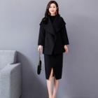 Set: Pocket Detail Tie Waist Coat + Front Slit Straight-fit Skirt