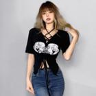 Short-sleeve Wings Print Lace Up T-shirt