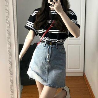 Short-sleeve Striped T-shirt / Denim Mini A-line Skirt