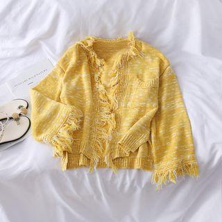 Open-front Fringed-trim Knit Cardigan