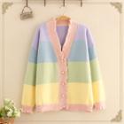 Color Block Frilled Knit Cardigan As Shown In Figure - One Size