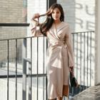 Asymmetric-hem Knit Long Surplice-wrap Dress