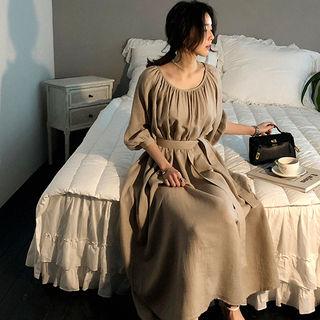 Round-neck Puff-sleeve Maxi Dress With Sash