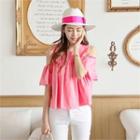 Cutout-shoulder Frill-trim Linen Blend Top