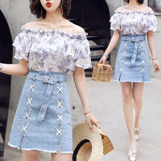 Set: Floral Print Off-shoulder Chiffon Top + Lace-up Denim Skirt