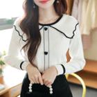 Wide-collar Piped Heart-buttoned Knit Top