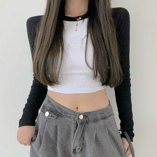Cropped Color Panel Long-sleeve Top
