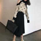 Cold-shoulder Dotted Sweater / Midi Accordion Pleat Skirt