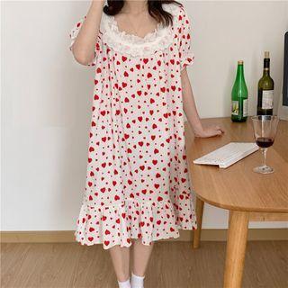 Short-sleeve Heart Print Lace Loose-fit Sleepdress