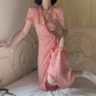 V-neck Floral Short-sleeve Dress As Shown In Figure - One Size