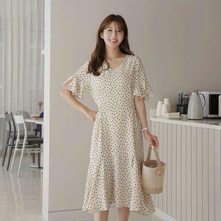 Tie-waist Ruffle-hem Dotted Dress Cream - One Size