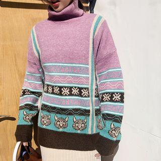 Cat Print Mock-neck Sweater Pinkish Purple - One Size