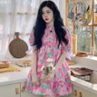 Puff-sleeve Stand-collar Rose Print Mini A-line Dress Rose Pink - One Size
