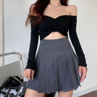 Long-sleeve Cold Shoulder Top / Pleated Skirt