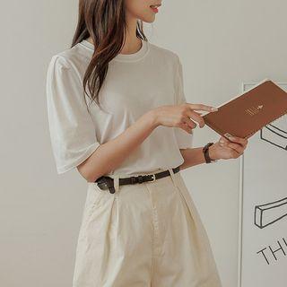 Plain Puff-sleeve Round-neck T-shirt