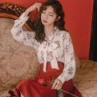 Flower Print Blouse / Irregular Hem A-line Skirt / Camisole / Set