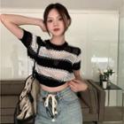 Short-sleeve Striped Cut-out Cropped Knit Top Black & White - One Size