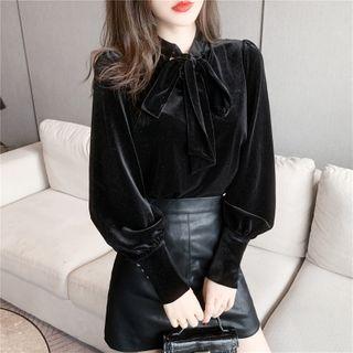 Long-sleeve Bow-neck Velvet Top