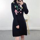 Long-sleeve Floral Knit Polo Dress