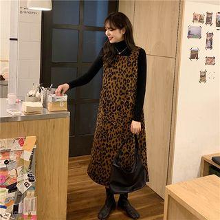 Mock-turtleneck Long-sleeve Top / Leopard Print Midi A-line Dress