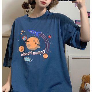 Elbow-sleeve Space Print T-shirt