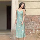 Flower Print Spaghetti Strap Midi Dress Green - One Size