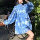 Long-sleeve Tie-neck Tie-dye Chiffon Mini Dress