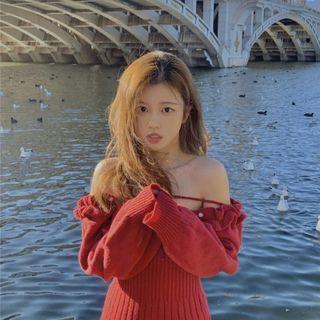 Long-sleeve Knit A-line Dress Dress - Red - One Size