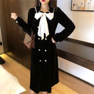 Long-sleeve Faux Pearl Tie-neck Slim Fit Jacket