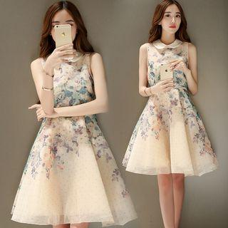 Sleeveless Peter Pan Collar Printed A-line Dress