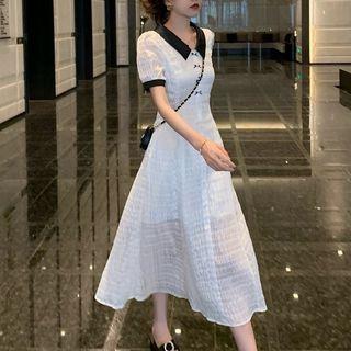 Short-sleeve Bow Detail Collared Midi A-line Dress