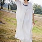 3/4-sleeve Embroidered Midi A-line Dress White - One Size