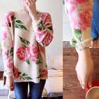 Round-neck Floral Print Sweater Light Beige - One Size