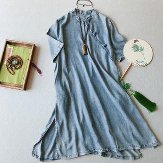 Elbow-sleeve Frog-button Denim Midi A-line Dress