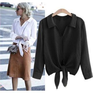 Split-neck Tie-hem Long-sleeve Blouse