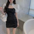 Puff-sleeve Mandarin Collar Shirred Mini Bodycon Dress