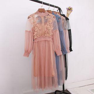 Lace Trim Long Sleeve Mesh Dress With Slipdress